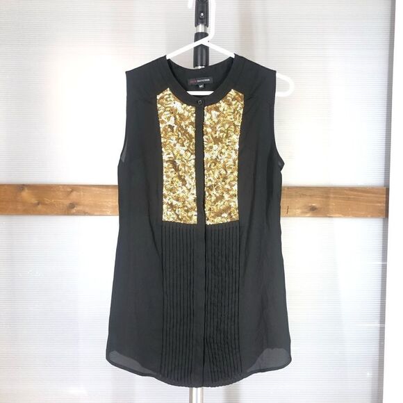 Edit BY JEANNE BEKER Black Gold Sequin Pleated Black Keyhole Sleeveless Blouse S - Picture 1 of 5